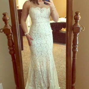 White and beige lace wedding dress